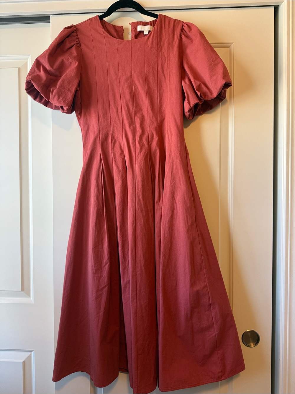 Puff-Sleeve Midi Dress in Dusty Coral